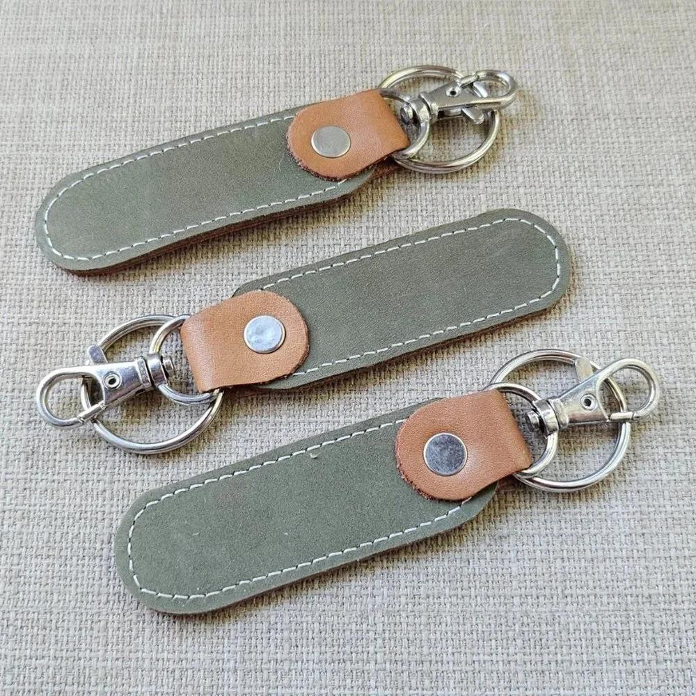 Lot of 3 Keychains Dual Color Brown/olive Genuine Leather Keys Holder Handmade